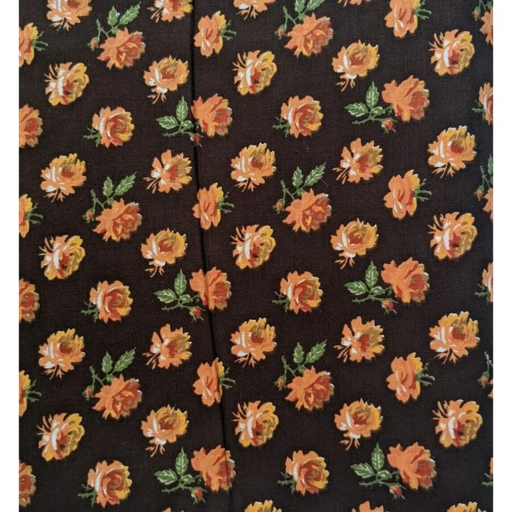 Vintage Mid-Century Floral Fabric Orange Rose Print Brown Background 44